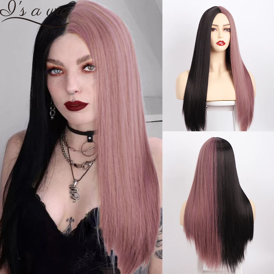 

I's a wig Long Straight Ombre Black Wigs Synthetic Women Wigs Cosplay Wig Yellow Purple Middle Part Daily Hairs