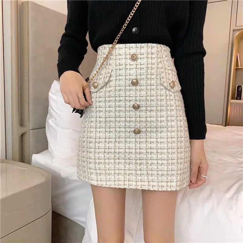 Plaid Tweed Skirts Office Lady High Waist Mini Skirt Woolen Clubwear Vintage Buttons Black White Zipper Shorts Skirt