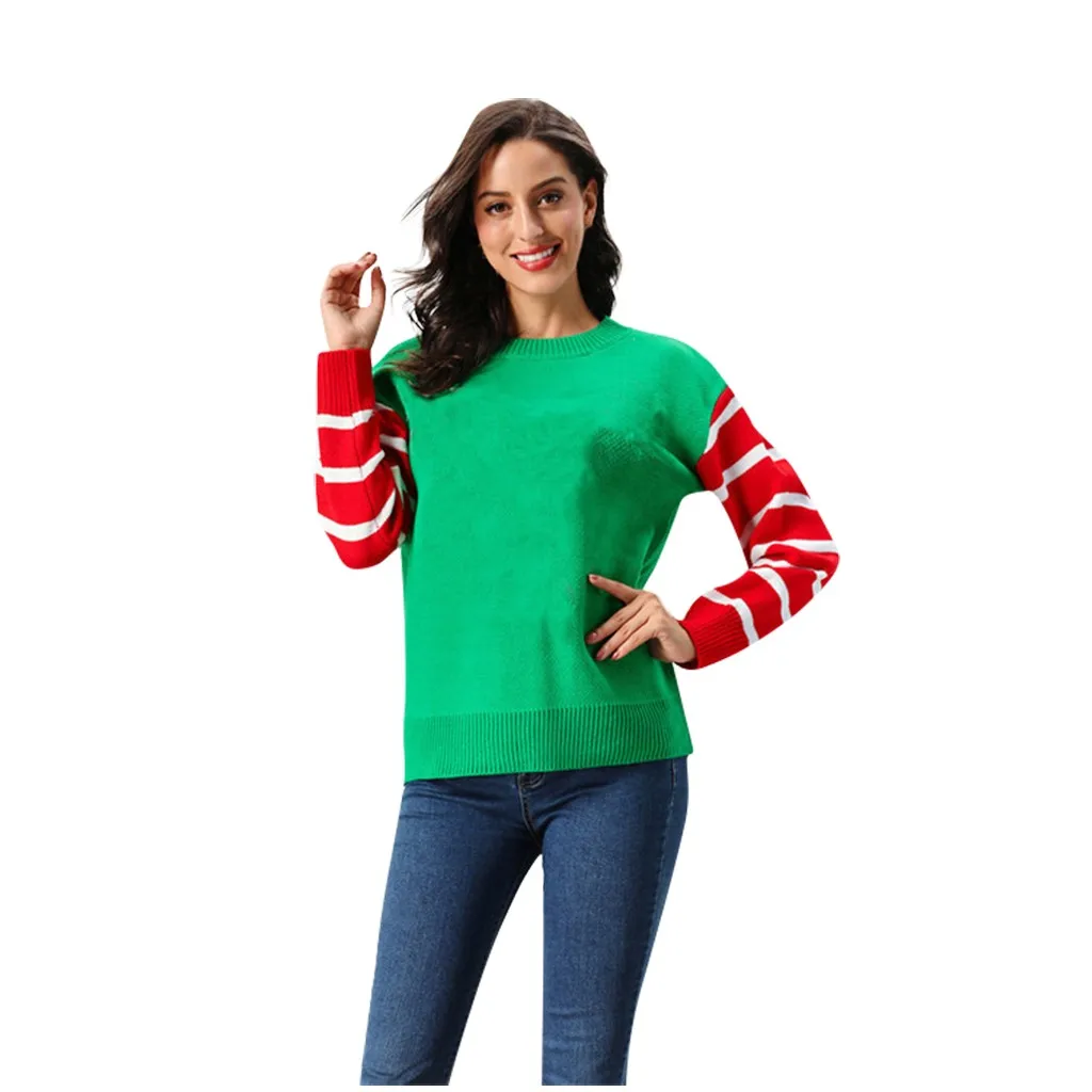 Женский зимний свитер рождественско-красного и зеленого цветов с О-образным