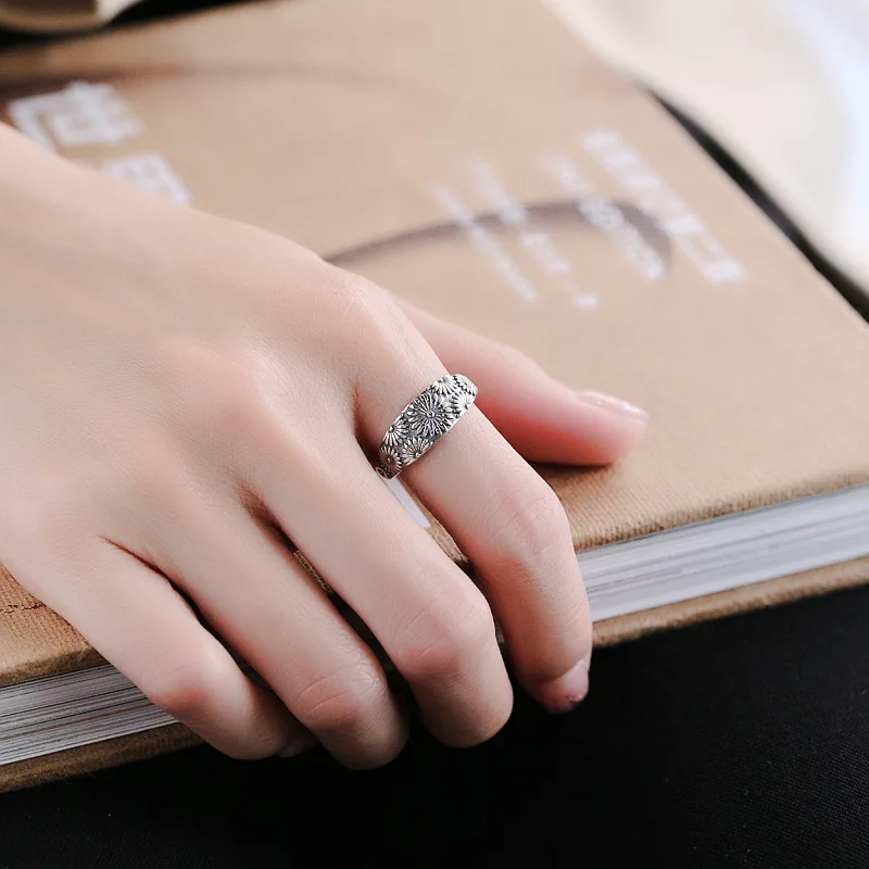 

Vintage S925 Silver Flower Ring Opening Rings for Women Party Anniversary Retro Jewelry Accessories Korean Punk Style Ajustable