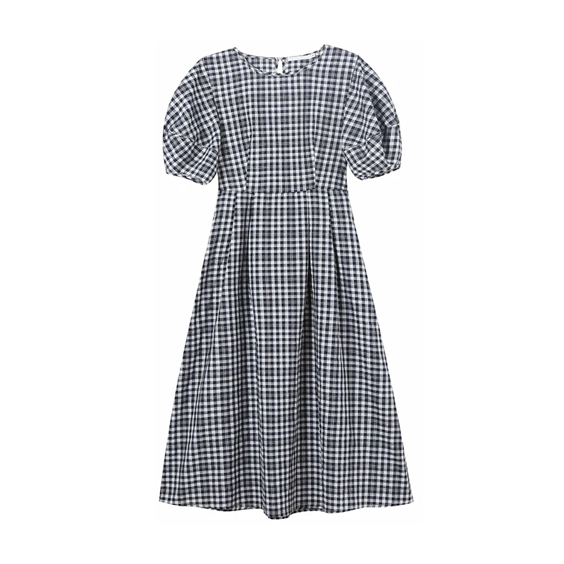 

Dress Women Summer 2021 Fashion Puff Sleeve O-Neck Plaid Dresses Femme Mid-Calf Loose Dresses Casual Holiday Lady Vestidos