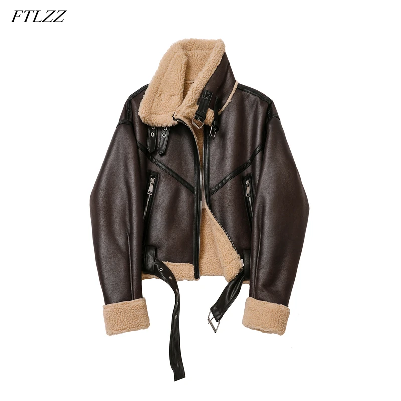 FTLZZ New Autumn Winter Women Jacket Thick Faux Leather Lamb Fur Warm Coat Moto Biker Female Streetwear Belt Ladies Outwear