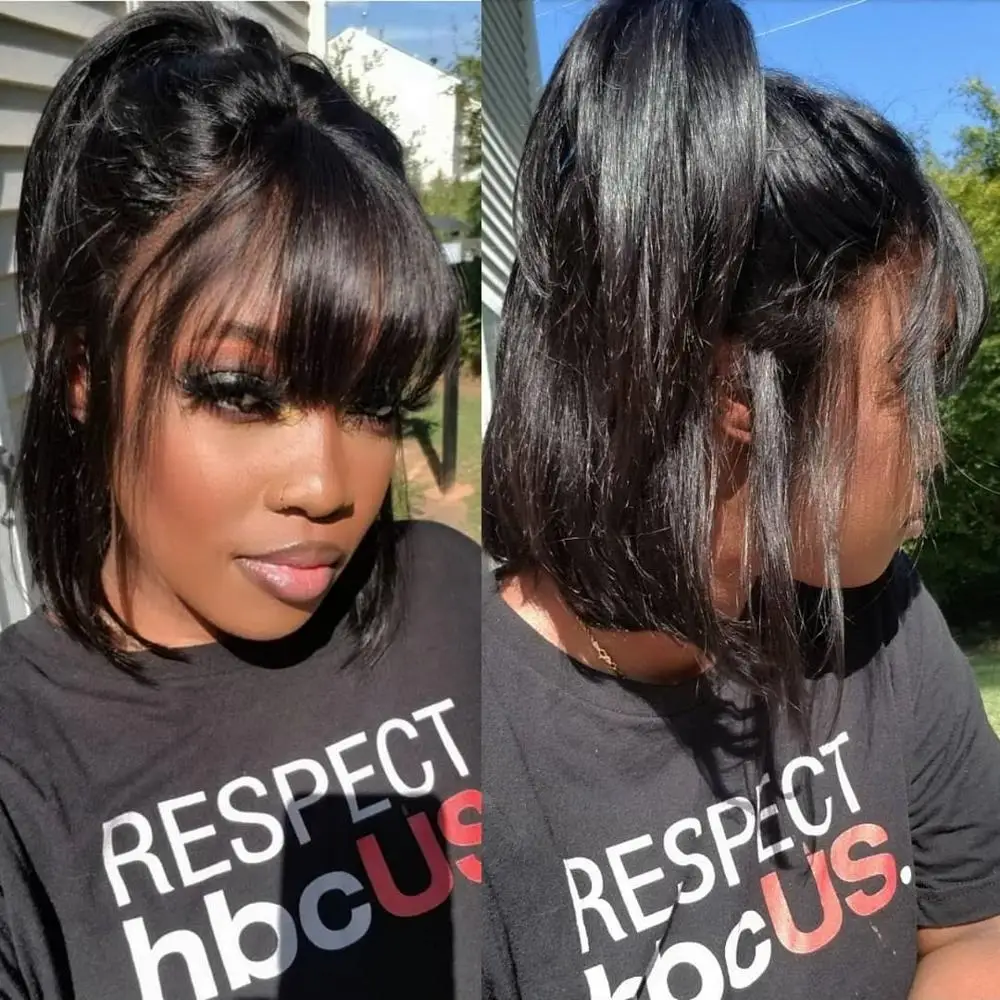Парики из прямых человеческих волос с челкой парик короткий Боб полностью