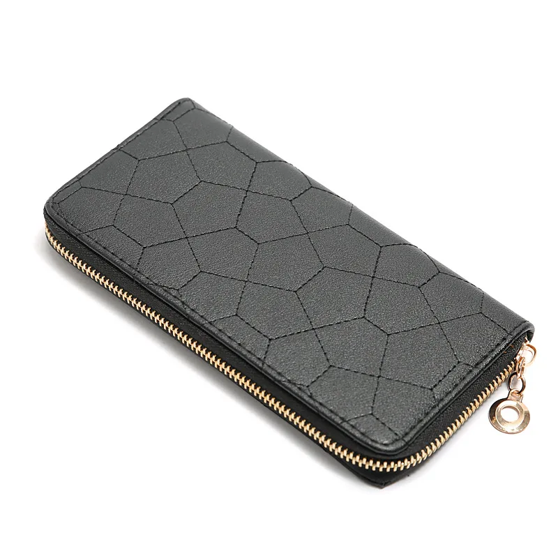 

Fashionable style zipper multi card position solid color embroidery long European and American style litchi pattern women's bag