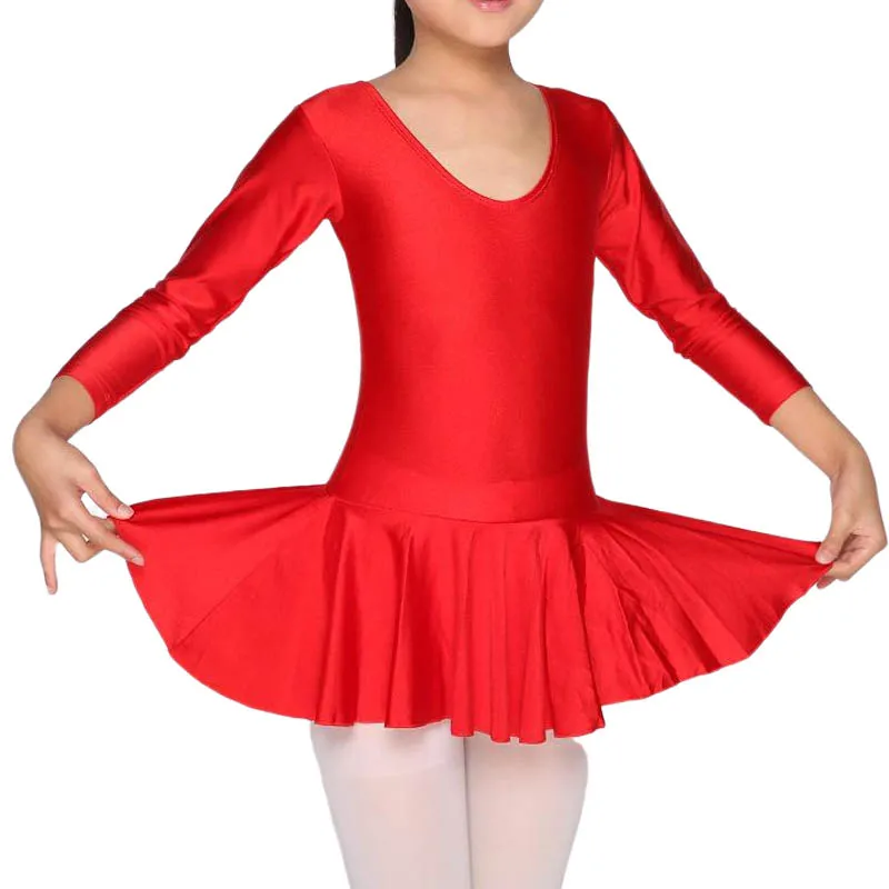 

Girls' Ruffle Long Sleeve Skirted Leotard Pink Dance Ballet Short Unitard Scoop Neck Gymnastics Dresses Lycra Bodysuit Latin Red