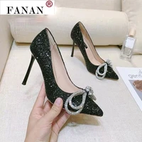 silver high heels womens new autumn pumps women shoes stiletto bow pointed rhinestone sequin crystal princess wedding shoes