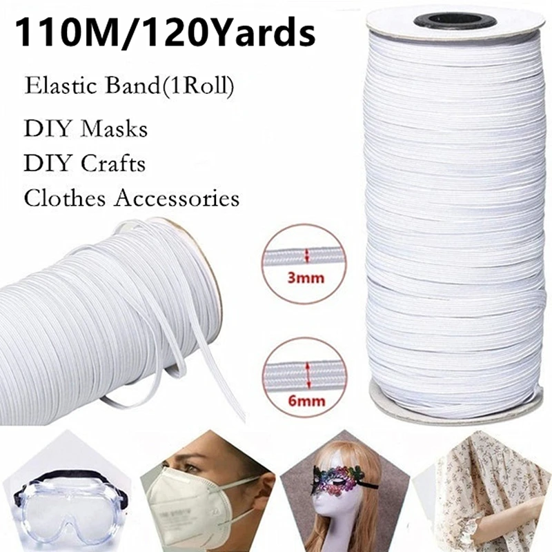 

120 Yards 3/5/6mm Elastic Band Polyester White Black DIY Elastic Bands for Clothes Garment Sewing Accessories