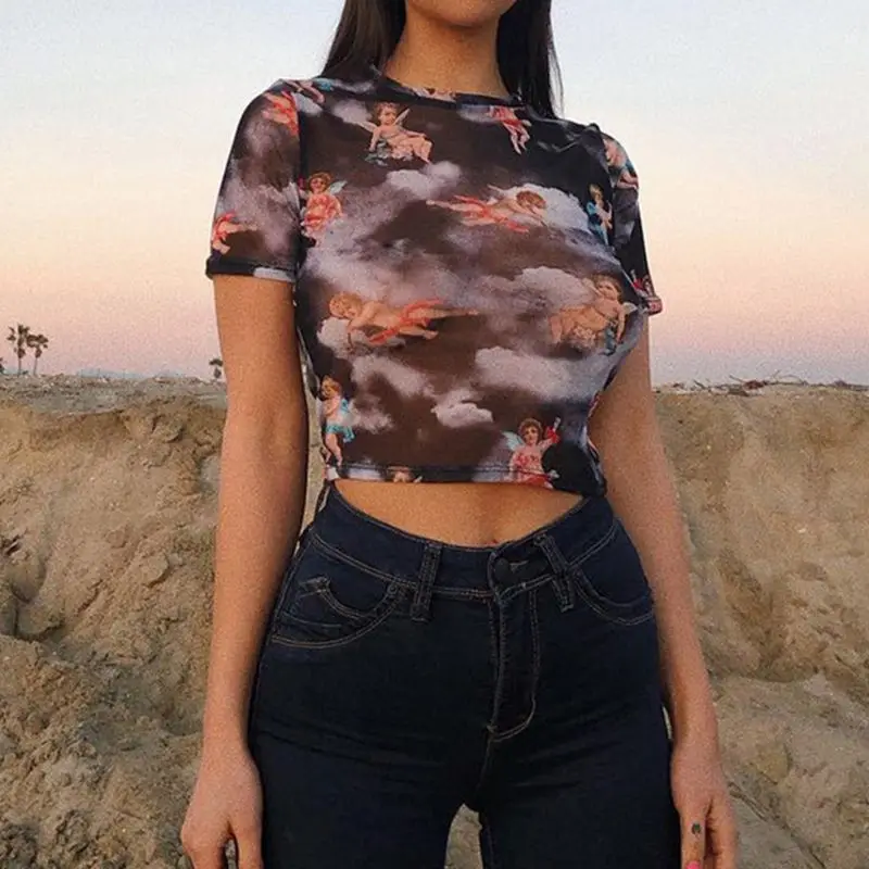 Женская водолазка с коротким рукавом забавный цветной топ принтом ангела и апида