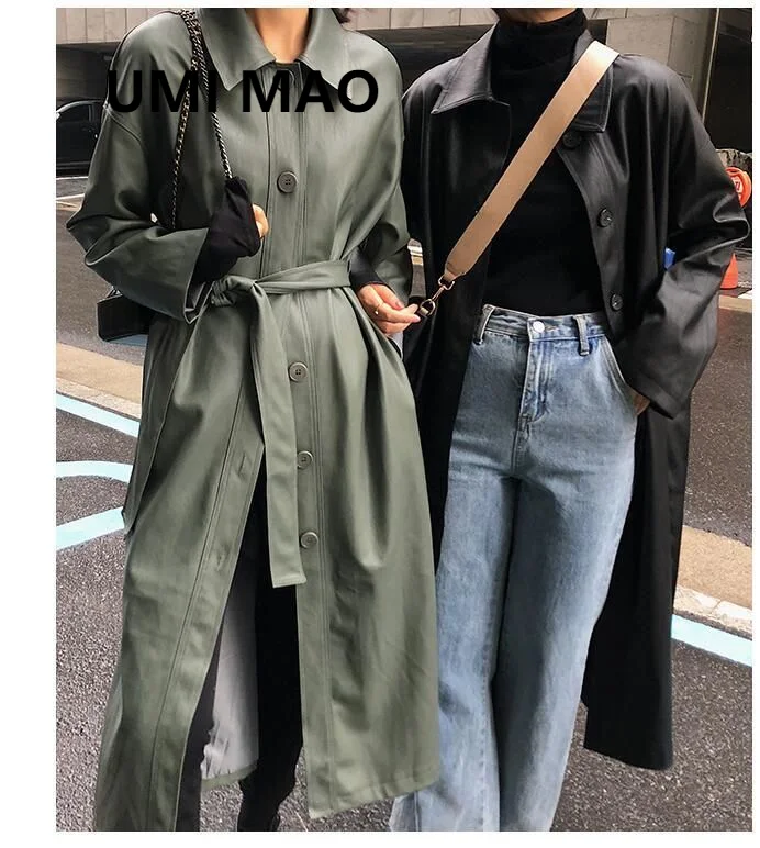 

UMI MAO 2021 Весна Осень Новая корейская модная женская кожаная куртка средней длины Женское пальто тонкий Пу кожаный Тренч с длинным рукавом