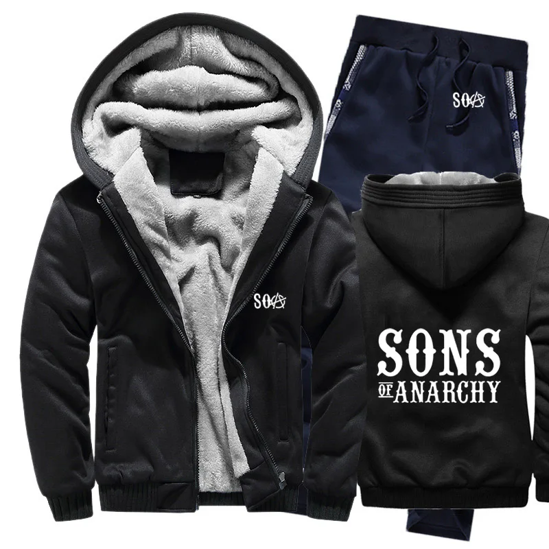 

NEW SOA Sons of Anarchy Hoodies Mens Suit Winter fleece Thicken Warm zipper Coats Sweatshirt Mens Hoodies Jacket Pants 2Pcs