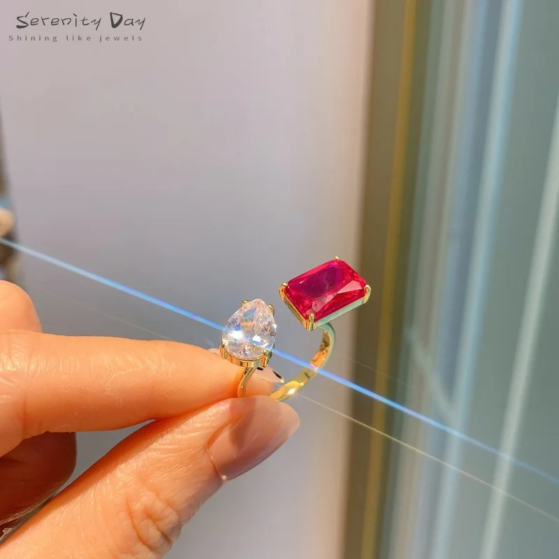 

Serenity Day Gold Plated Dazzling Zircon 8*12MM White Diamond 9*12MM Ruby Resizable Ring for Women Trendy Party Jewelry Gifts
