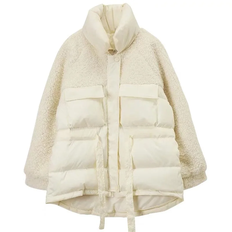 

Winter 90% White Duck Down Jackets Women Loose Thickness Sash Tie Up Outwear Warm Patchwork Lambswool Down Parka