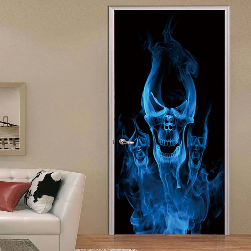2pcs/set Creative DIY Door Sticker Flame Skull Art Mural Self-adhesive PVC Wall Stickers Home Decor Wallpaper | Дом и сад