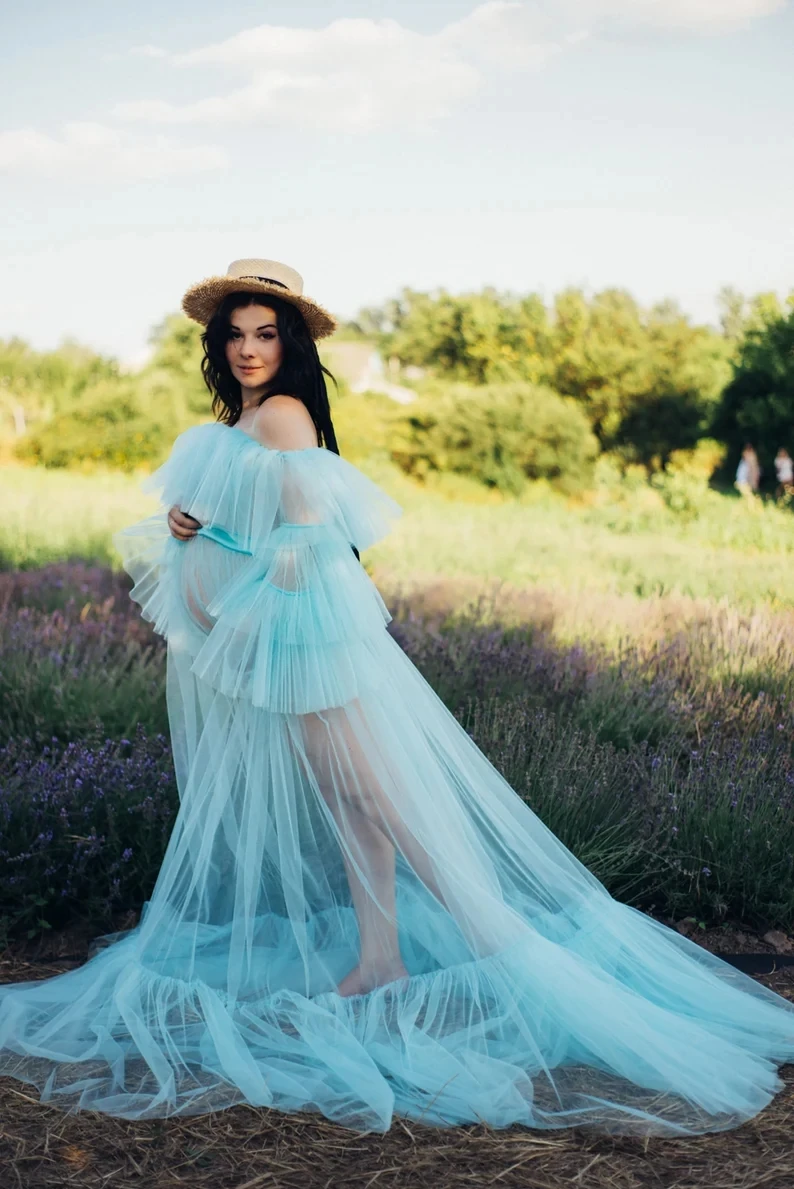 

Небесно-голубые платья с открытыми плечами для беременных Тюлевая юбка макси реквизит для фотосъемки платье для беременных Платья для фото...