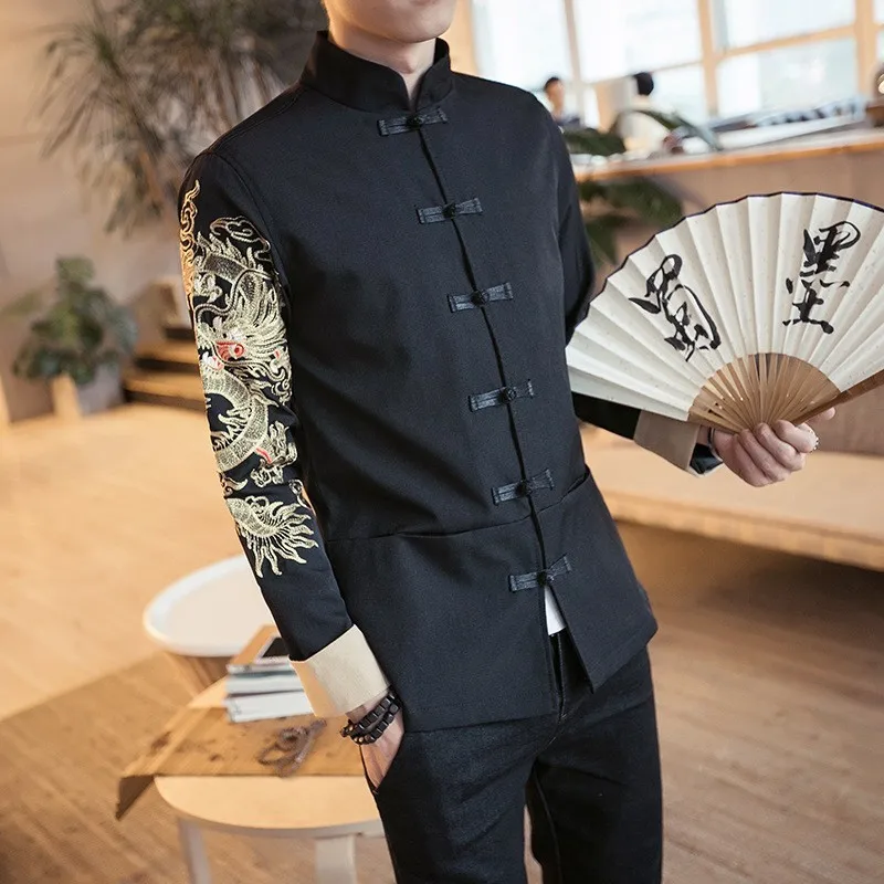 

Chinese Vintage Mens Buttons Stand Collar Retro Dragon Embroidery Slim Fit Coat Plus Size 5XL Male Jacket Outerwear Coats