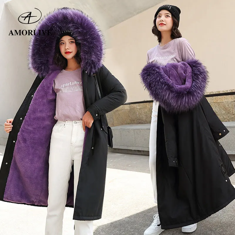 

AMORLIVE 2019 New Pie Overcome Big Fur Collar Hooded Down Cotton Jacket Women's Long Korean Slim Thick Jacket