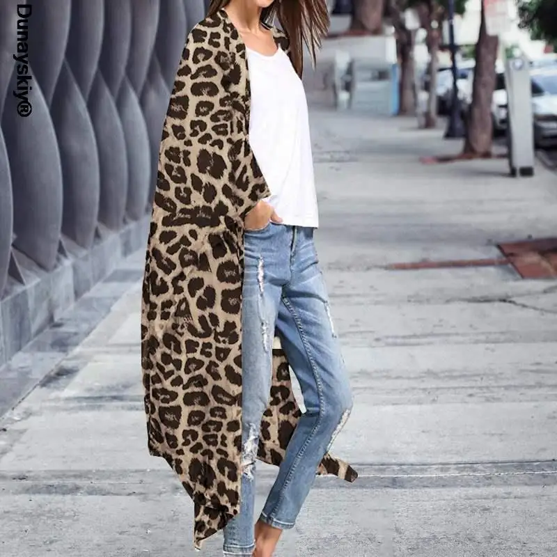 

Spring Women Vintage Kimono Trench Sexy Leopard Print Long Sleeve Outerwear Casual Beach Thin Windbreaker