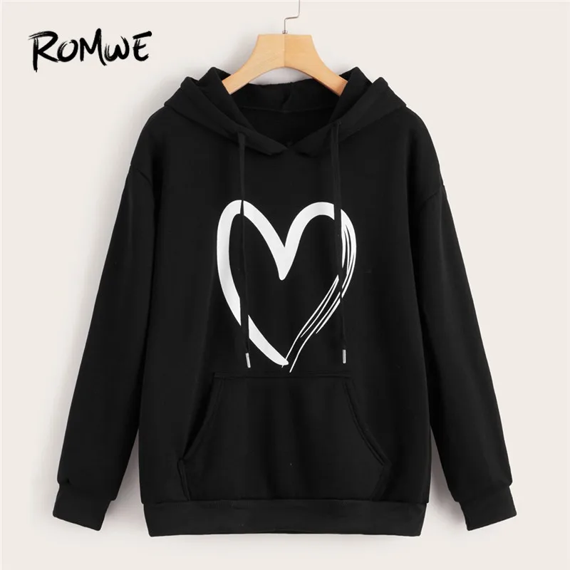 ROMWE Сердце печати кенгуру карман Drawstring женские толстовки Повседневная Толстовка с длинными рукавами Осень женская одежда Толстовка Топы