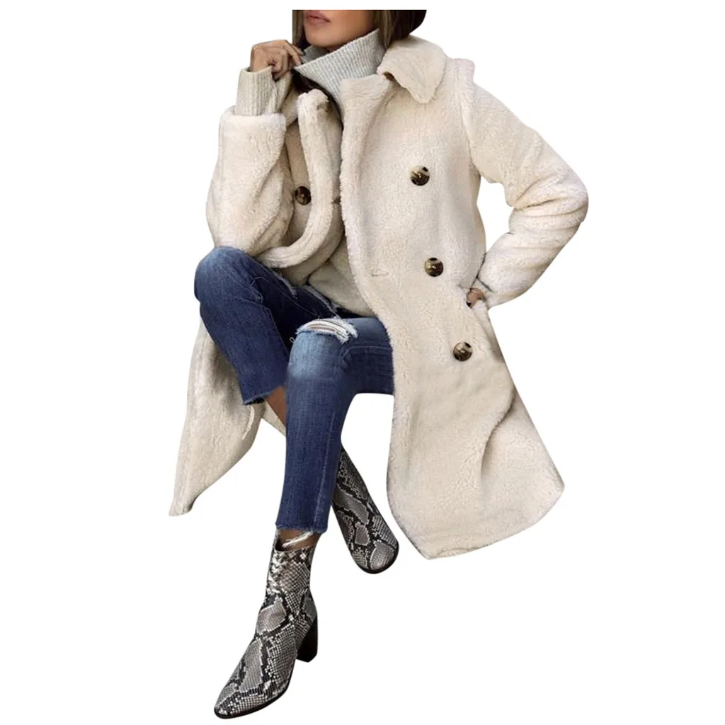 Женское двубортное пальто из искусственной овчины с лацканами зимнее теплое