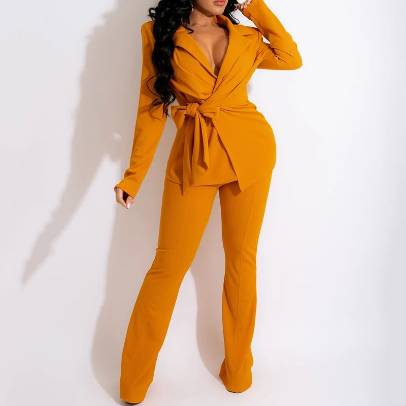 

Women Two Piece Set Fashion V-neck Lace Up Top and Pants Suit Female Straight Trousers Office Set Long Sleeve Blouse Casual 2pcs