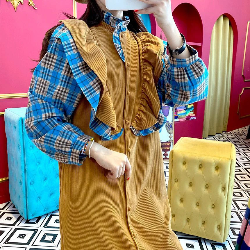 

Patchwork Panelled Plaid Long Sleeve Minimalist Ruffles Dress 2020 Autumn Winter Female New Loose Casual Stand Collar