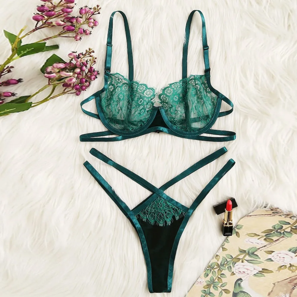 

2019 New Thongs V-String Panties, Transparent Bra set Lingerie set Floral Lace Bralette Summer Sexy Sets Ladies Panty Underwear