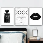 Черно-белая Настенная картина с флаконом духов и губами, холст, модные печатные плакаты, скандинавские настенные картины для декора гостиной