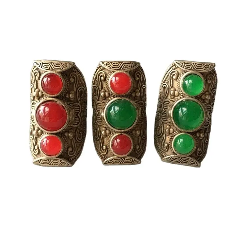 

Antique Tibetan silver inlaid with Malay jade ring collection ethnic style accessory ring
