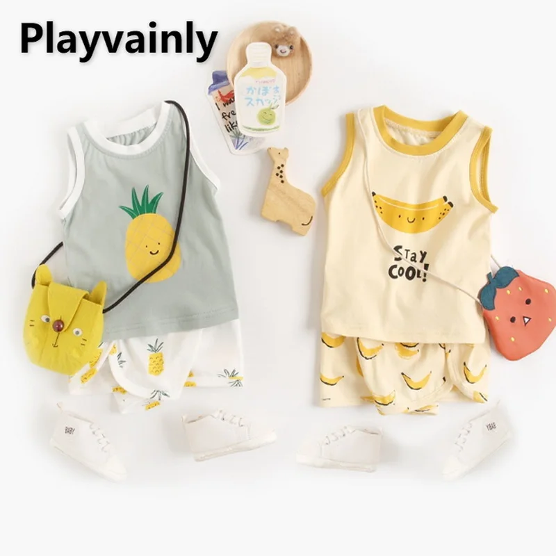 

Корейский стиль, Новинка лета 2021, комплект из 2 предметов для маленьких девочек и мальчиков, мультяшный банан и ананас + шорты, Одежда для нов...