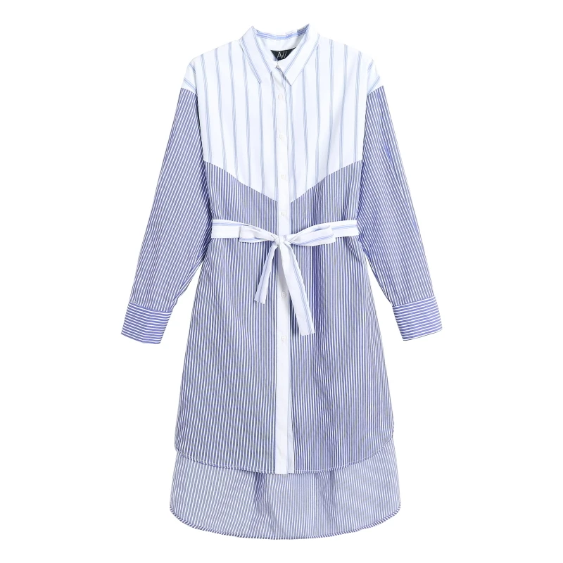 

2019 Spring New Pattern Lapel Striped Patchwork Single Breasted Asymmetrical Lace Up Casual Shirt Women W830