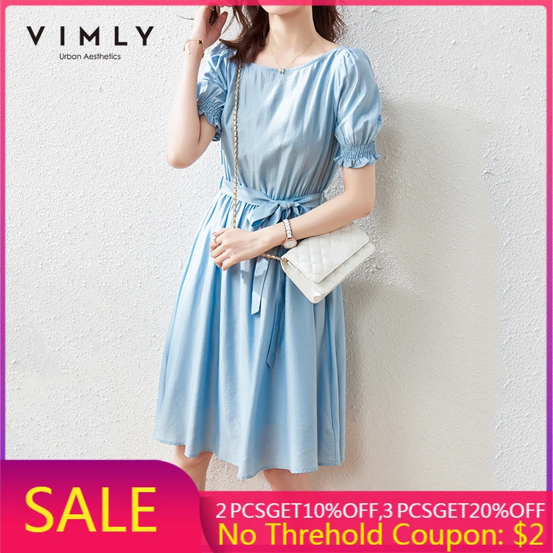 

VIMLY Summer Dresses For Women Elegant Slash Neck Puff Sleeve Dress High Waist Sashes Dresses Aline Female Vestidos F7212