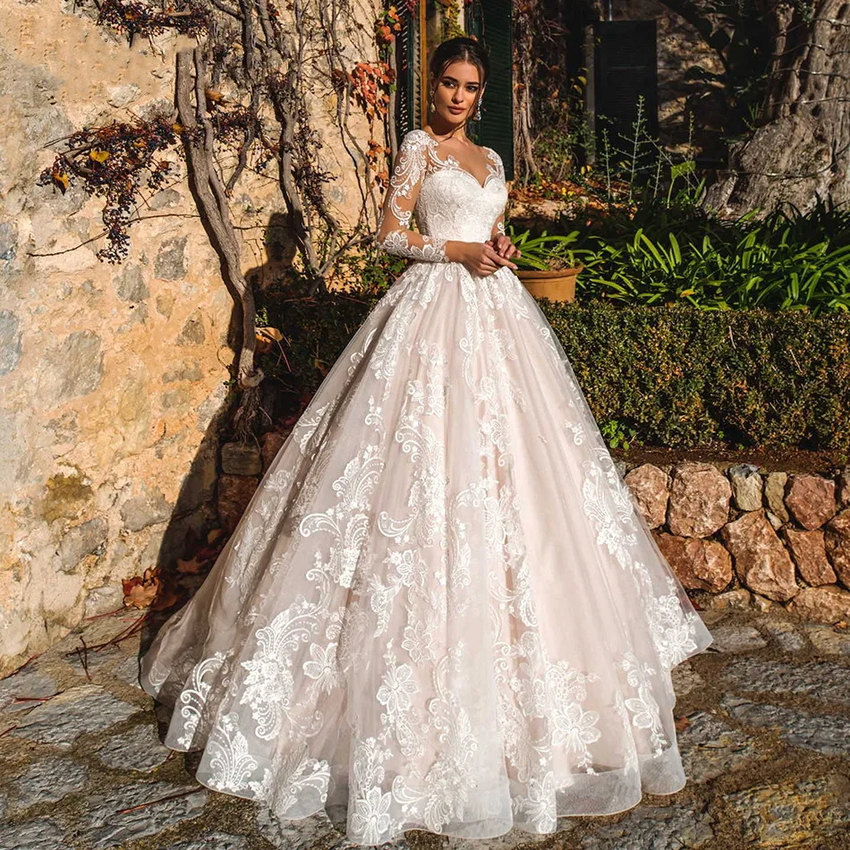 

Luxury Long Sleeve Wedding Dresses Vestido De Noiva Beach A-Line Romantic Appliques Tulle Button Princess Bridal Gown