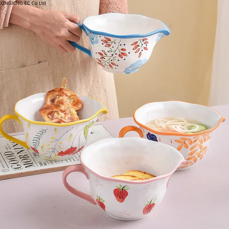 

Ceramic Mixing Bowl with Handle 970ml Large Capacity Household Egg Whisk Salad Bowl Stainless Steel Whisk Kitchen Utensils