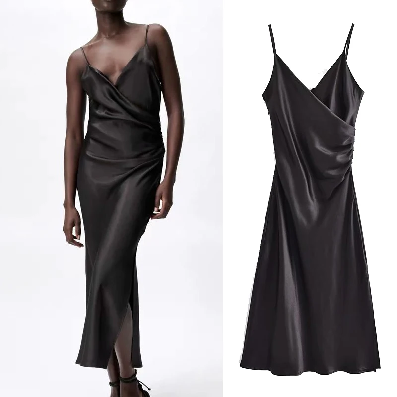 

Za Camisole Summer Long Dress Women 2021 Ruched Slip Party Dresses Ladies Backless Elegant Midi Dress Woman Sexy Dresses