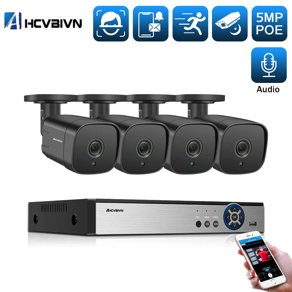 

H.265+ 4CH CCTV System 5MP POE NVR Kit Face Detection Outdoor Waterproof IP66 Security 5MP POE IP Camera Video Surveillance set