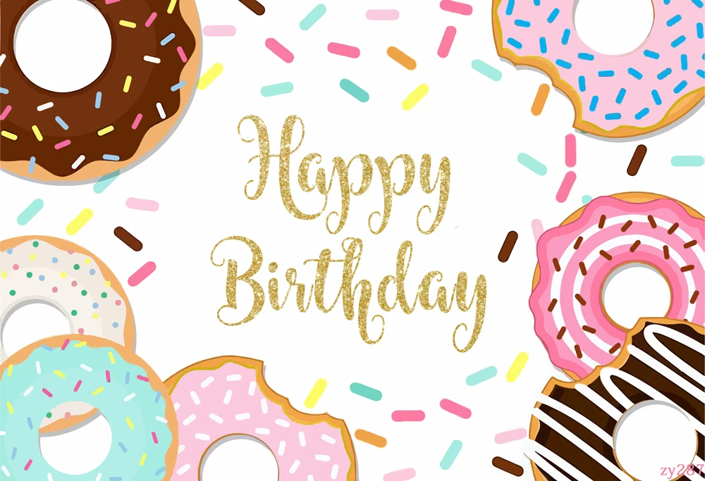 Фон для фотографии Levoo "Счастливый день рождения" – разноцветные пончики, фотографический фон для студии, реквизит для съемки, виниловый фотовызов.