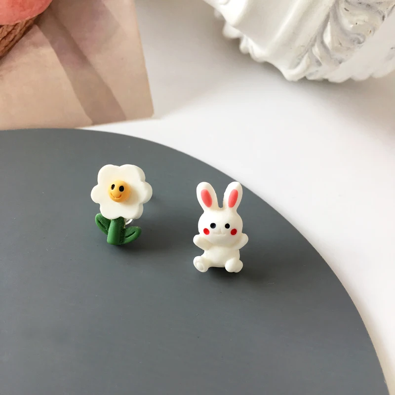 

S925 needle Lovely New Asymmetrical Earrings For Sweet Girls Cute Design White Flower Rabbit Stud Earrings Women Jewelry Gifts