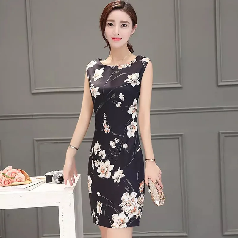 

Office Lady Women Sleeveless Round Collar Floral Printed Mini Ladies Office Slim Bodycon Dress hot sale 2020