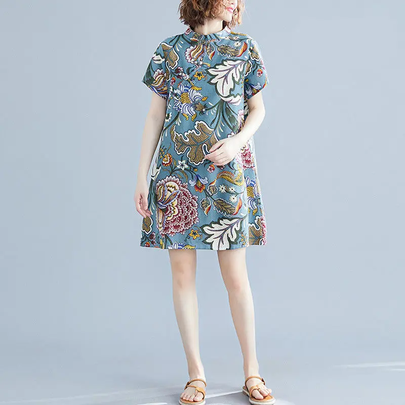 

Printed loose collar artistic retro mid-length dress summer