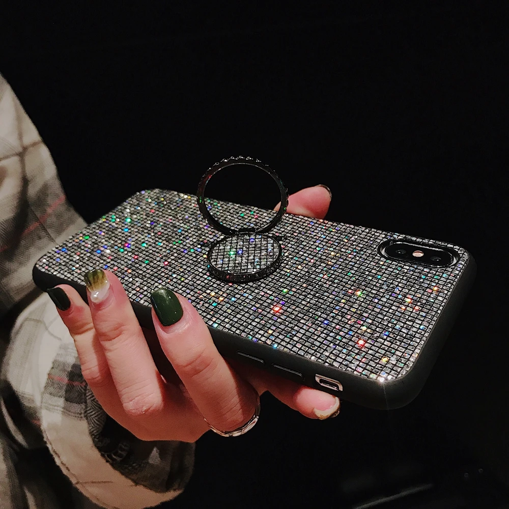 Блестящий кожаный чехол для iPhone 7 Plus с кольцом на палец Роскошный мобильного