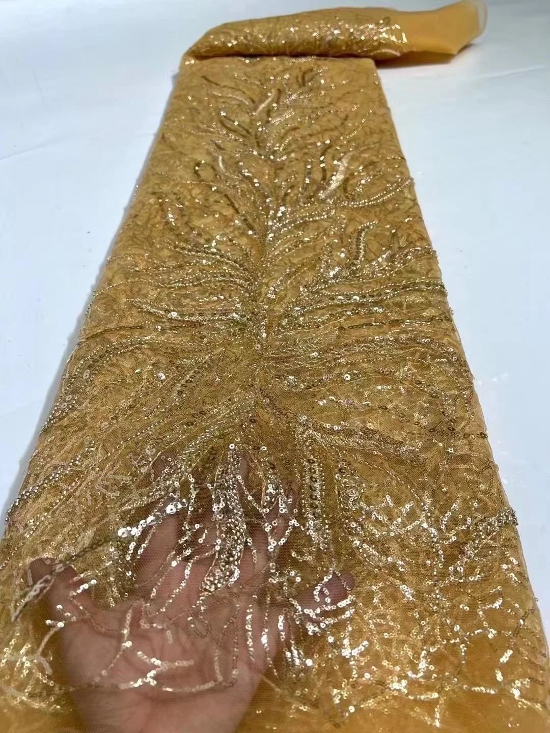 

African French Tulle Lace Fabric Gold 2021 High Quality Lace With Sequins Beads Nigerian Lace Fabrics For Wedding Dress Sewing