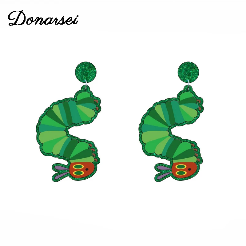 

Donarsei 2021 New Cute Green Caterpillar Animal Acrylic Earrings For Women Lovely Insect Hair Bug Drop Dangle Earrings Party