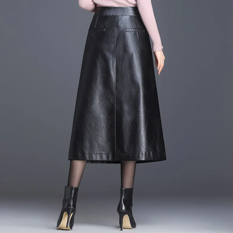 LXUNYI, M-4XL, женская кожаная юбка, черная, осенняя, размера плюс, высокая талия, ПУ, юбка, офисная, для девушек, трапециевидная, до середины икры, юбки, элегантные