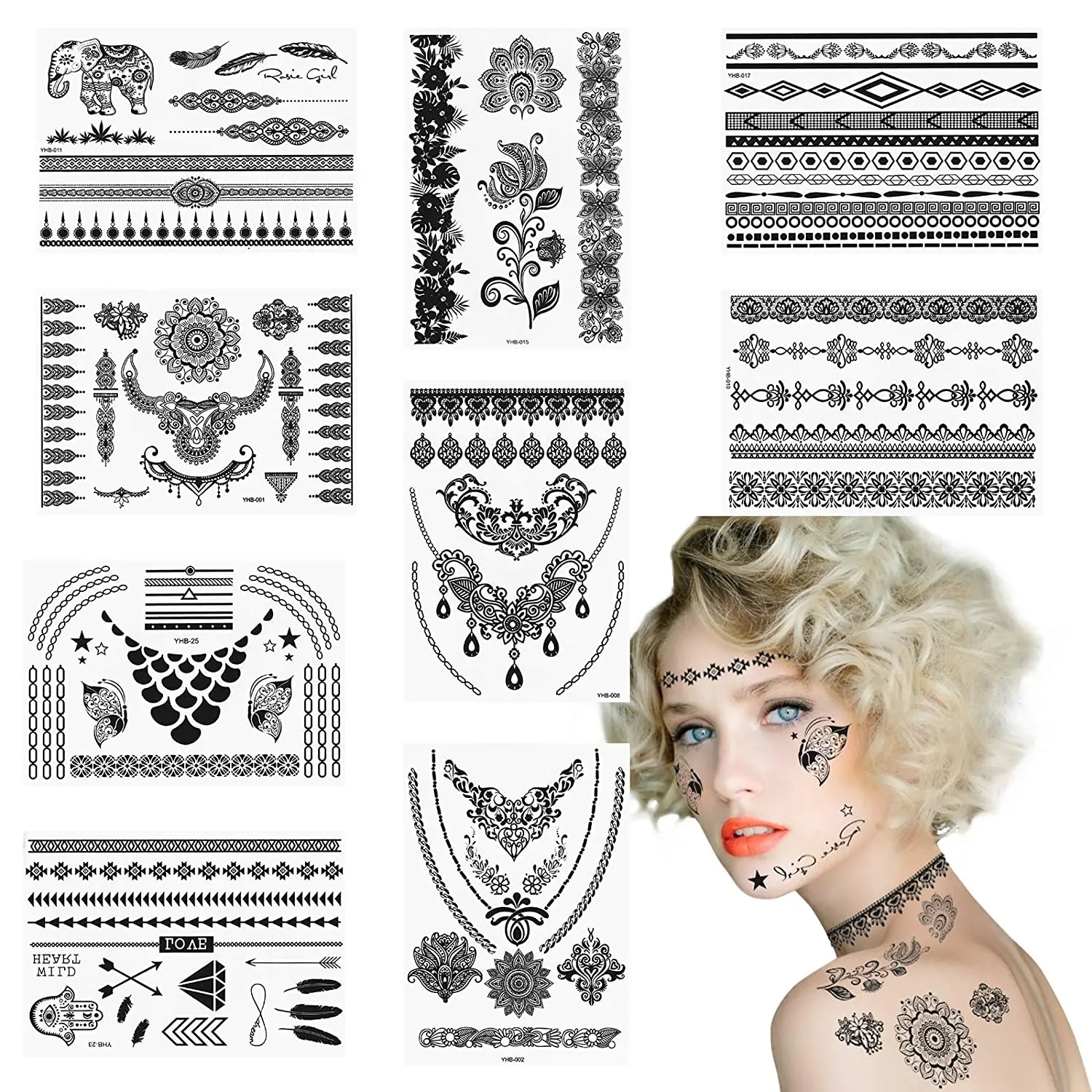 

9 листов, Черная кружевная наклейка, водонепроницаемая, временная, на шею, на запястье, художественная наклейка, слон, Бабочка, для женщин, дл...