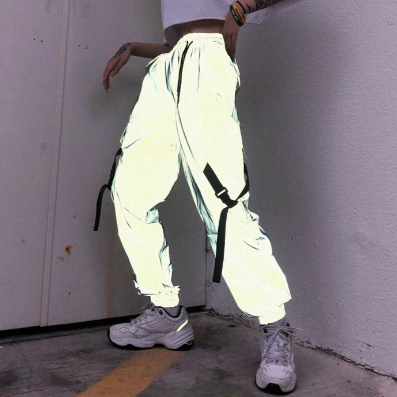 Jogger Cargo Pants Women Reflective Light Hip Hop Harajuk Running Pants Ladies High Waist Loose Casual Trouser Suit Dance Sport