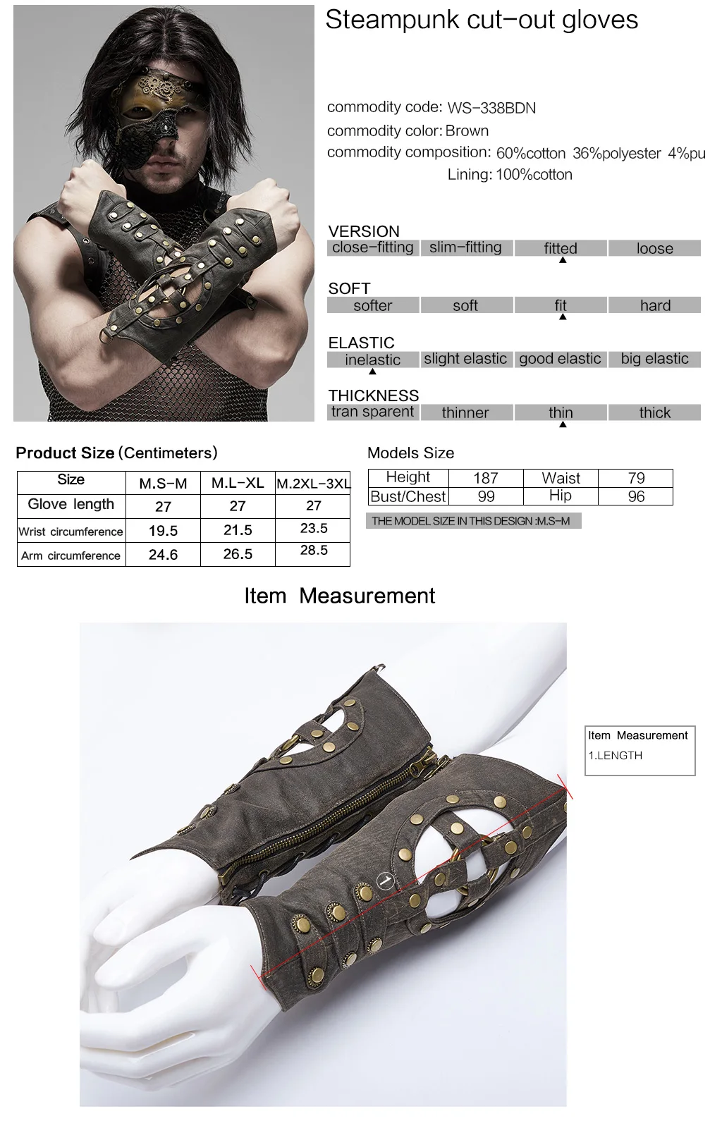 

PUNK RAVE Men's Steampunk Cut-out Gloves Punk Rock Metal Gear Decorated Personality Stage Performance Gloves