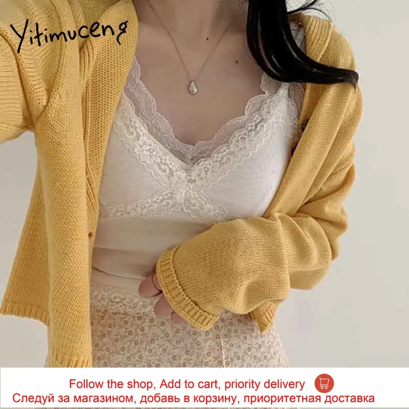 

Yitimuceng Crop Tops Women Sexy lace Streetwear Short Cami Korean Fashion Spaghetti Strap Tank Top Grey White Black 2021 Summer