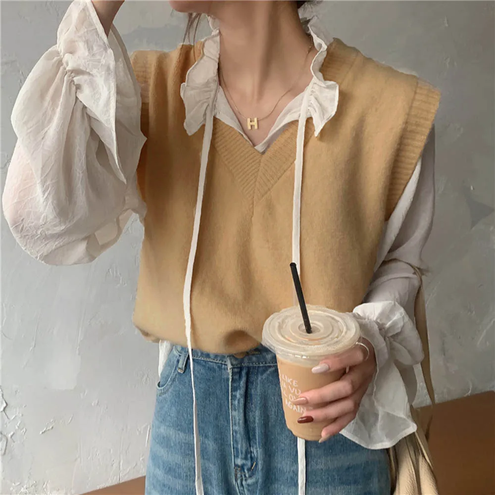 

Japan Style Korean Fashion Two Piece Sets Spring Autumn The New Loose V-neck Long Sleeve Chiffon Base Vest Suit