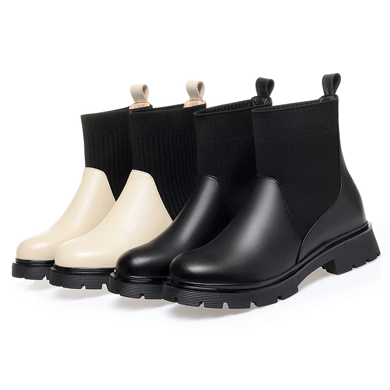 GKTINOO Women Winter Boots Genuine Leather 2022 Fashion Women's Chelsea Boots Stretch Fabric Women's Socks Boots Big Size 35-43