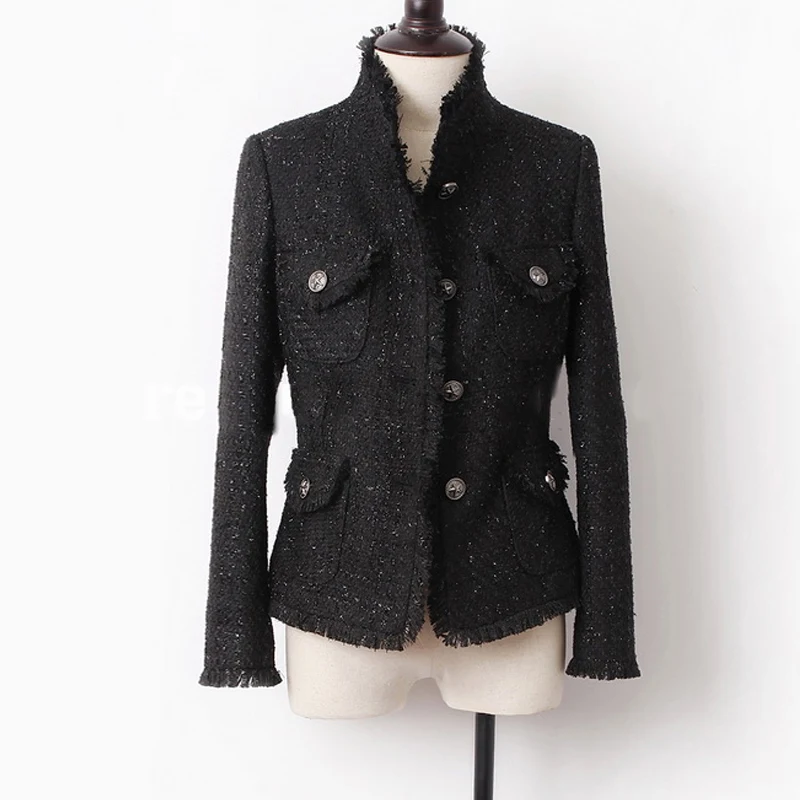 Черная твидовая Женская куртка на весну/Осень/зиму Женское пальто классическое